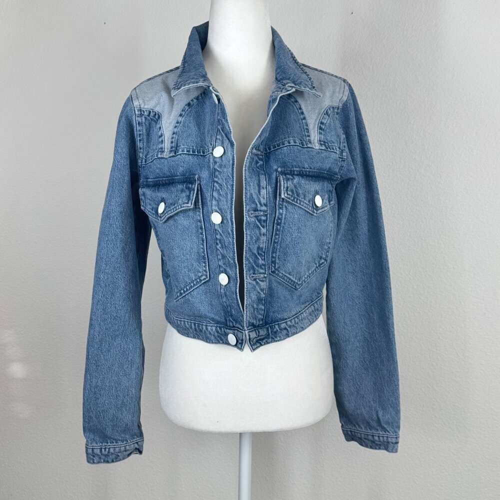 Triarchy Reverse Stirrup Denim Jacket Size Small Two Tone Cropped - Picture 1 of 11